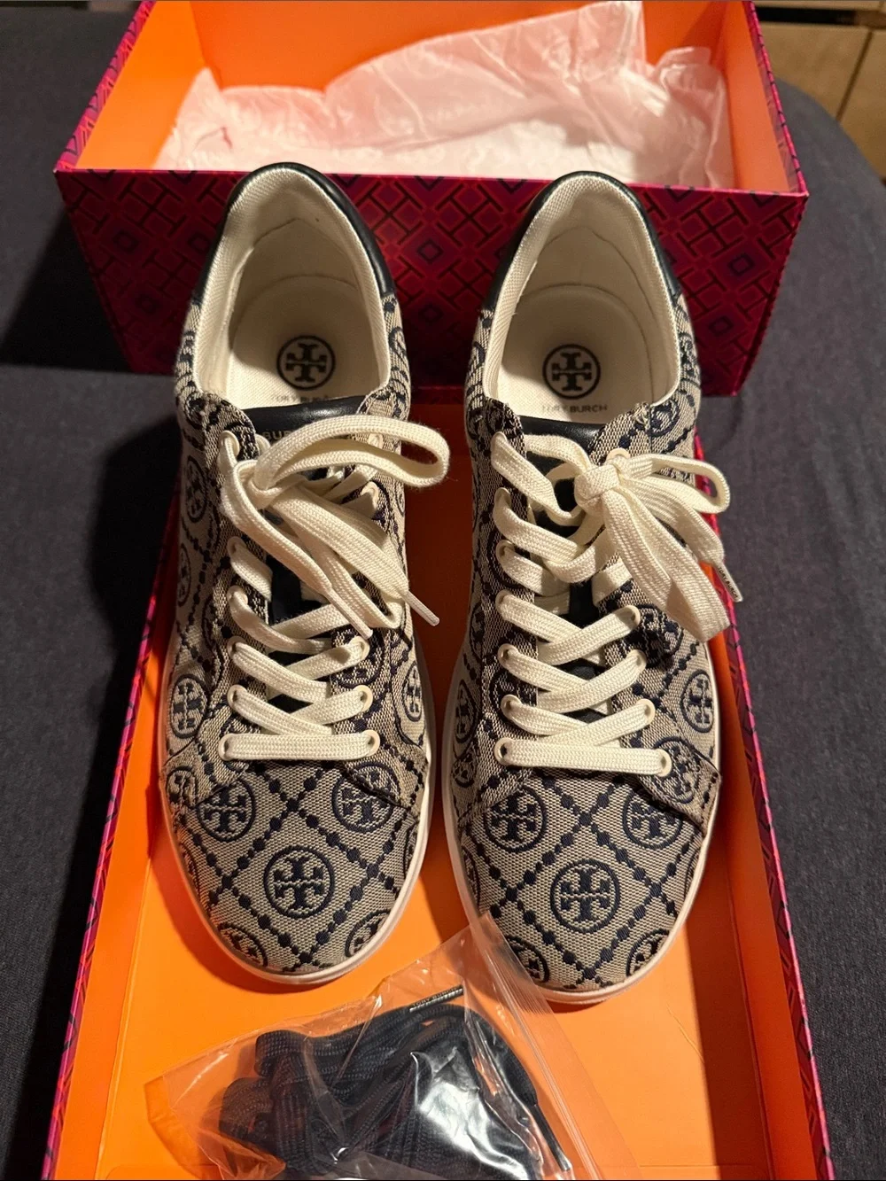 Tory Burch Navy and Cream Logo Lace-Up Sneakers